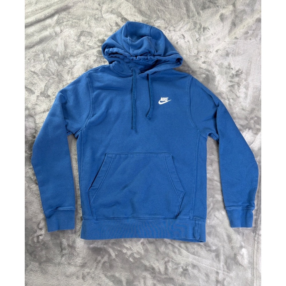 Nike Hoodie Club Fleece Mens S Blue Embroidered Hooded Ribbed Trim